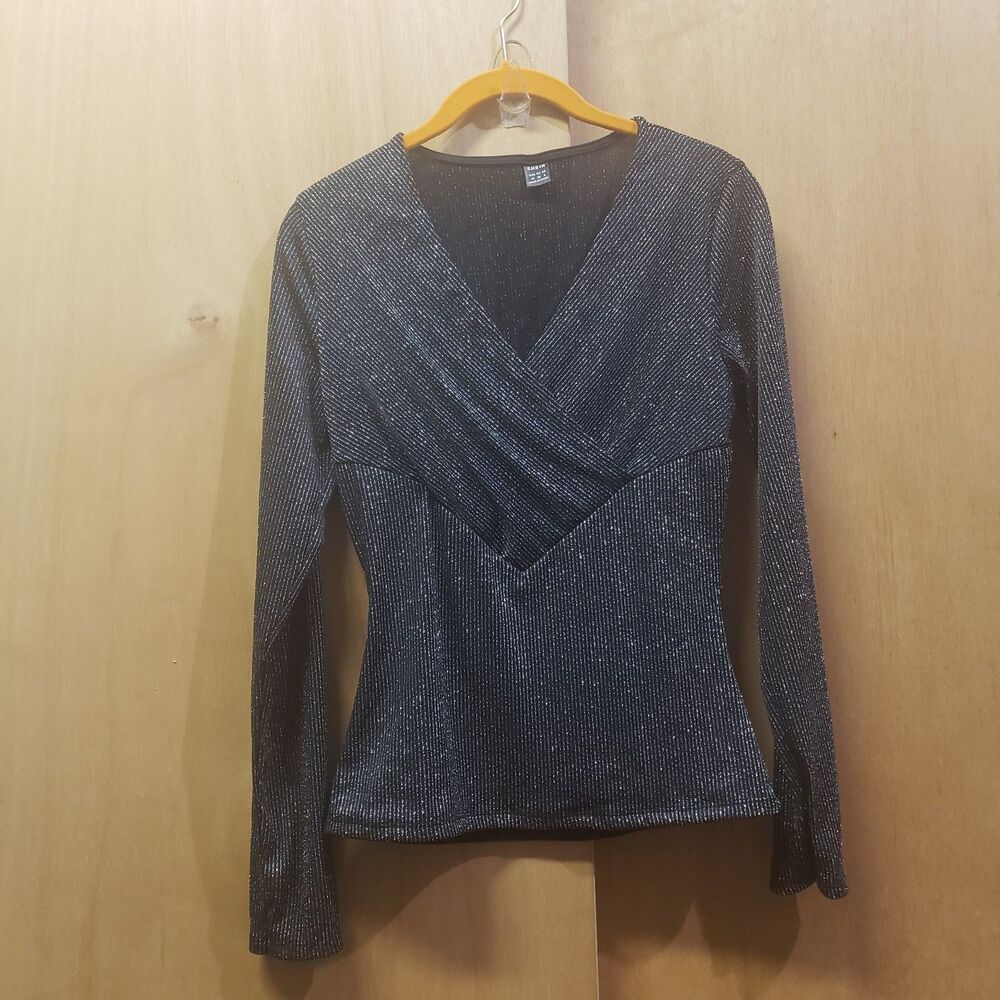 SHEIN Black Clasi Cross Wrap Front Glitter Blouse M ZZZ Shoulder-hem 23"